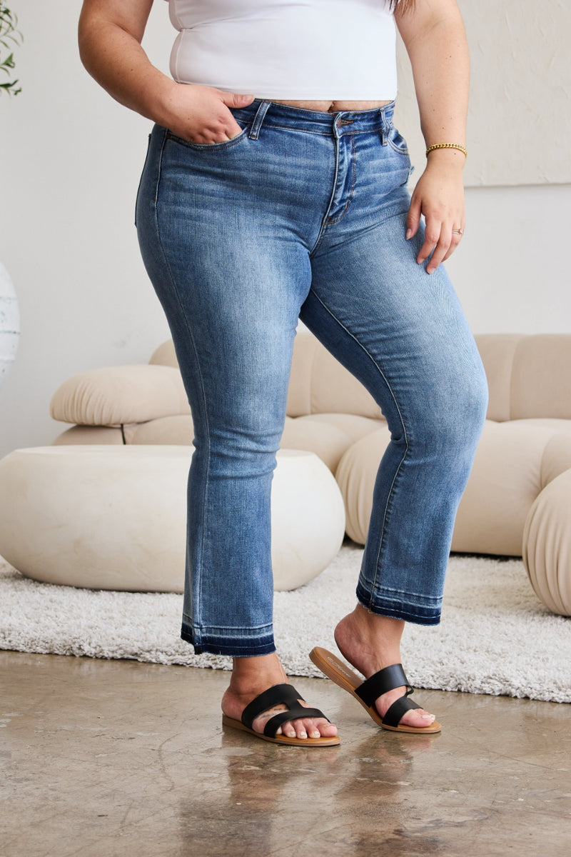 Pearl Judy Blue Full Size Release Hem Cropped Bootcut Jeans