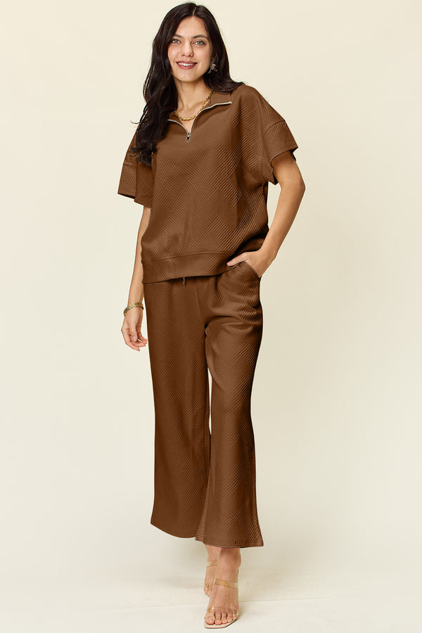 Sydney Double Take Full Size Texture Half Zip Short Sleeve Top and Pants Set