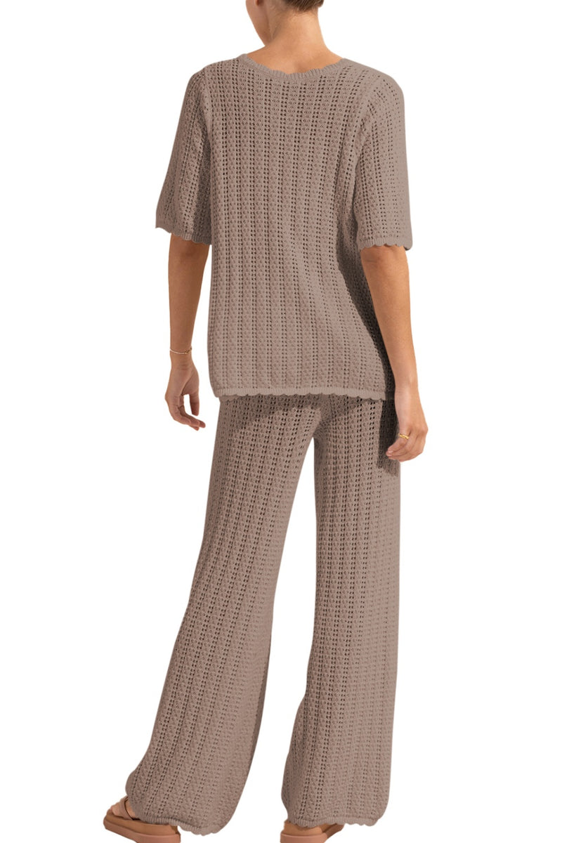 Cambrie V-Neck Short Sleeve Top and Pants Knit Set