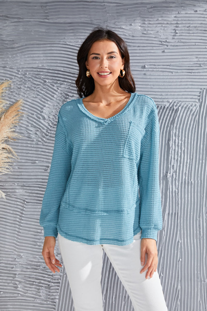 Alba Waffle-Knit V-Neck Blouse with Breast Pocket -- Deal of the day!