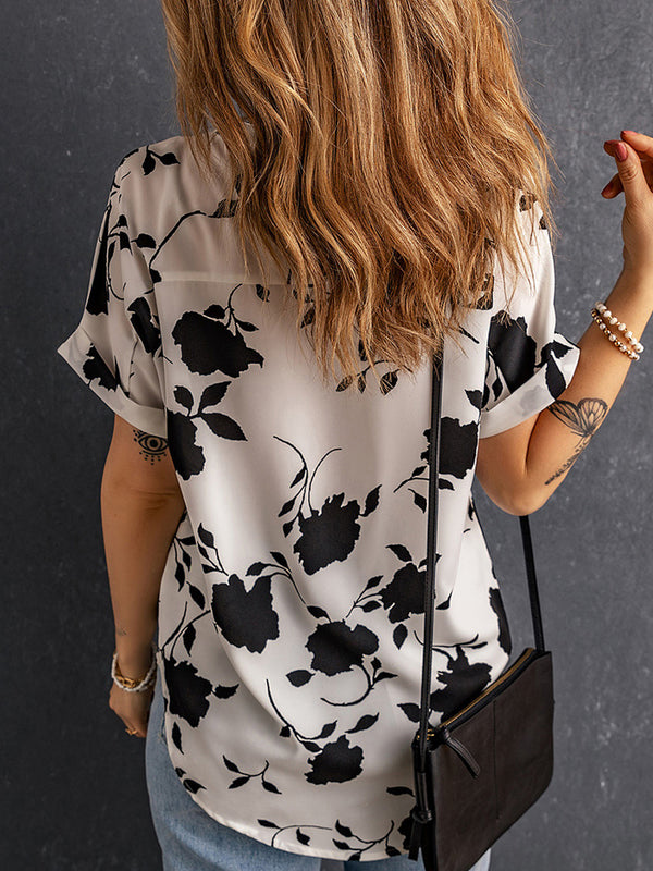 Mercy Full Size Printed Notched Short Sleeve Blouse