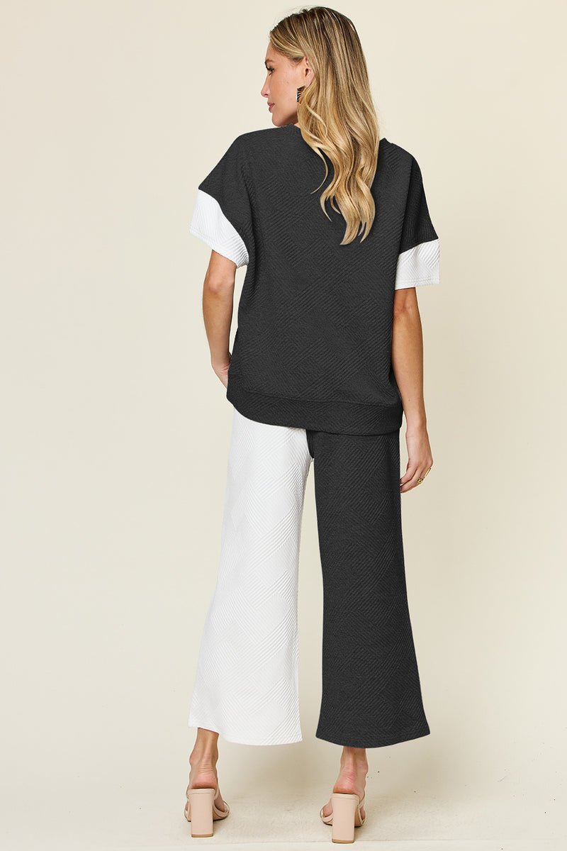 Delaney Full Size Texture Contrast T-Shirt and Wide Leg Pants Set