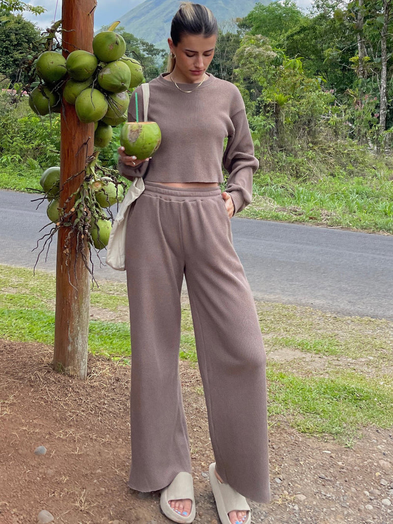Sterling Waffle-Knit Round Neck Top and Pants Set