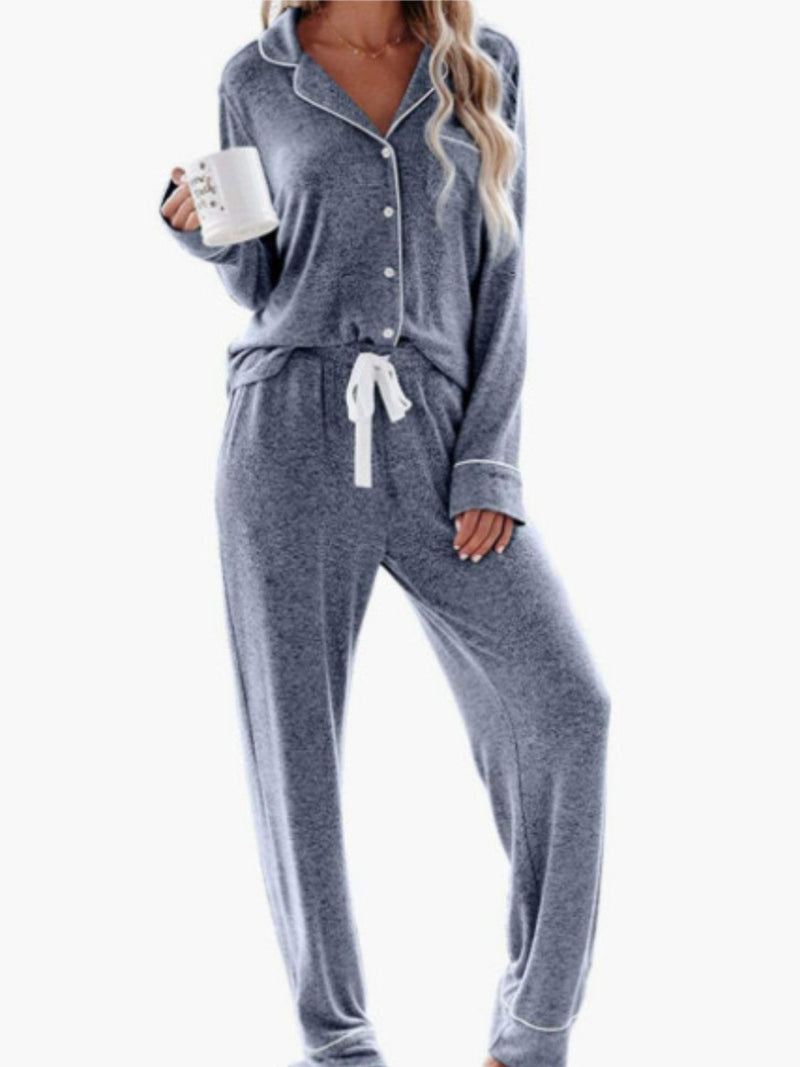 Cosi Button Up Long Sleeve Top and Pants Lounge Set