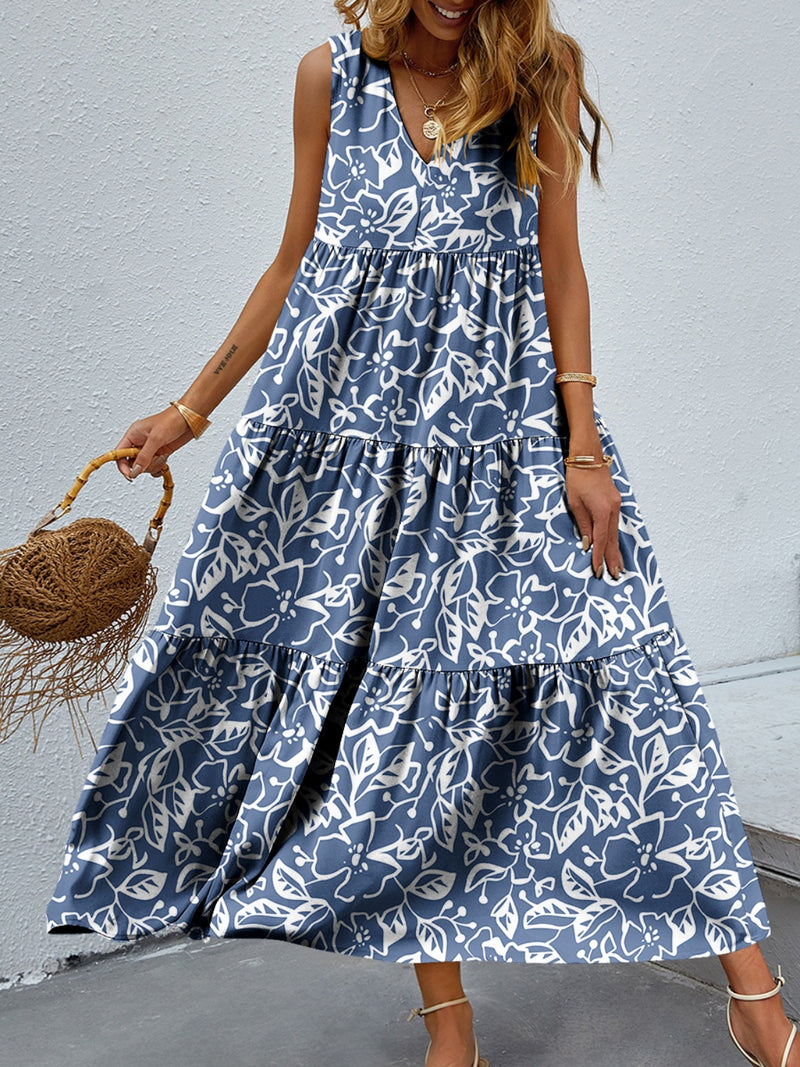 Selah Tiered Printed V-Neck Sleeveless Dress
