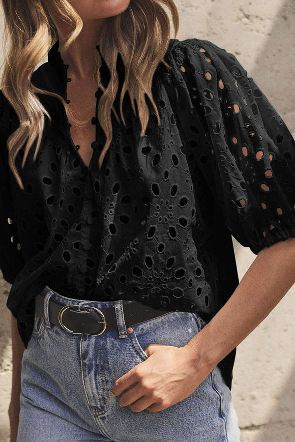Valerie Eyelet Button Up Half Sleeve Blouse