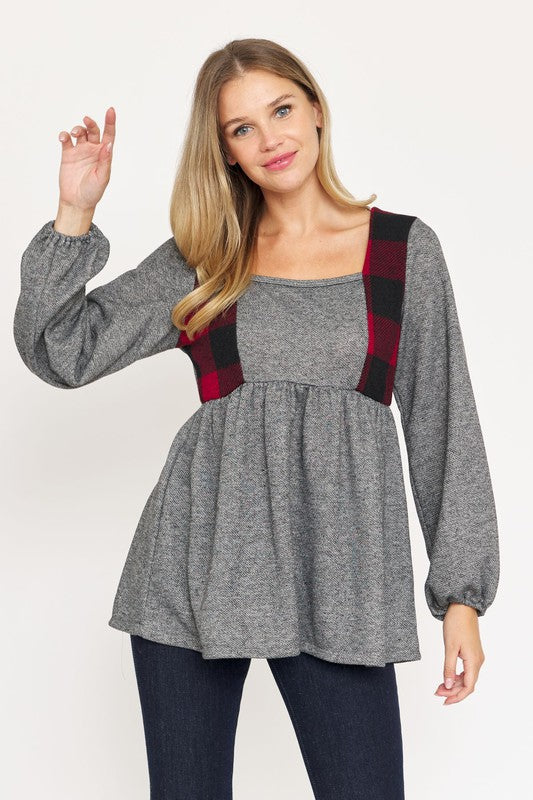 Terry Plaid Side Contrast Baby Doll Tunic