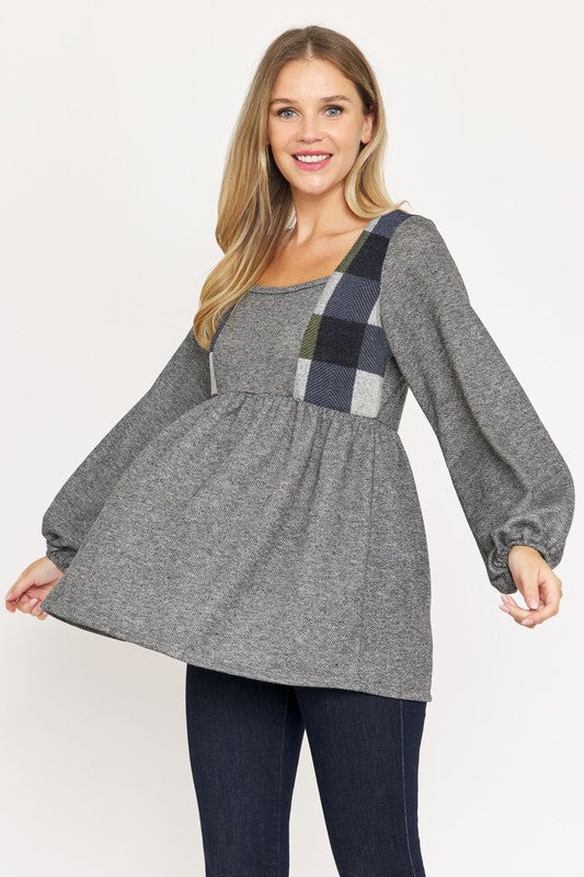 Terry Plaid Side Contrast Baby Doll Tunic