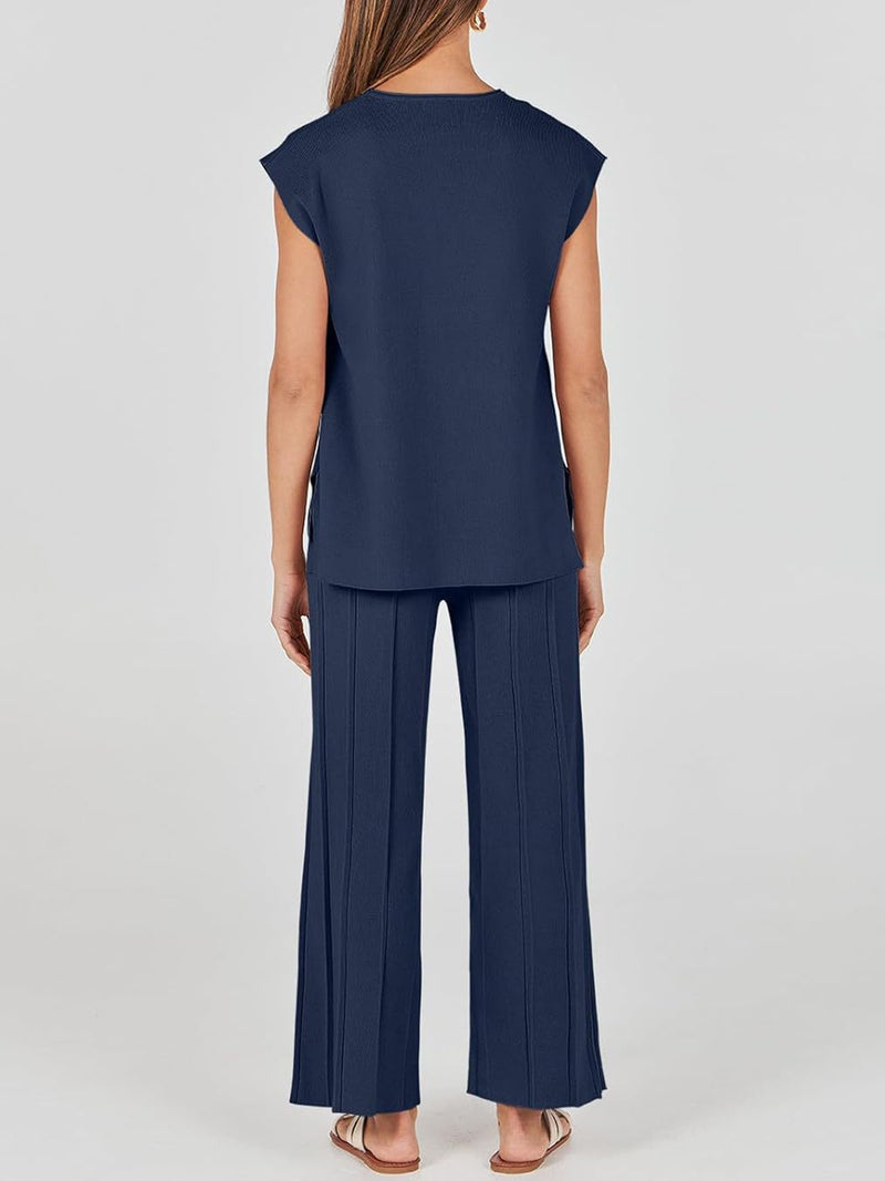 Lorena Round Neck Cap Sleeve Top and Pants Knit Set