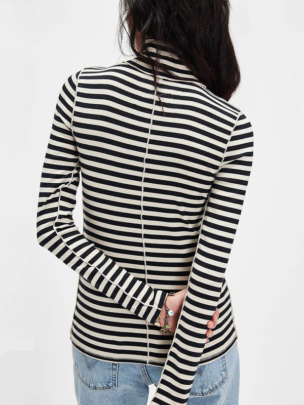 Erika Exposed Seam Striped Turtleneck Long Sleeve T-Shirt