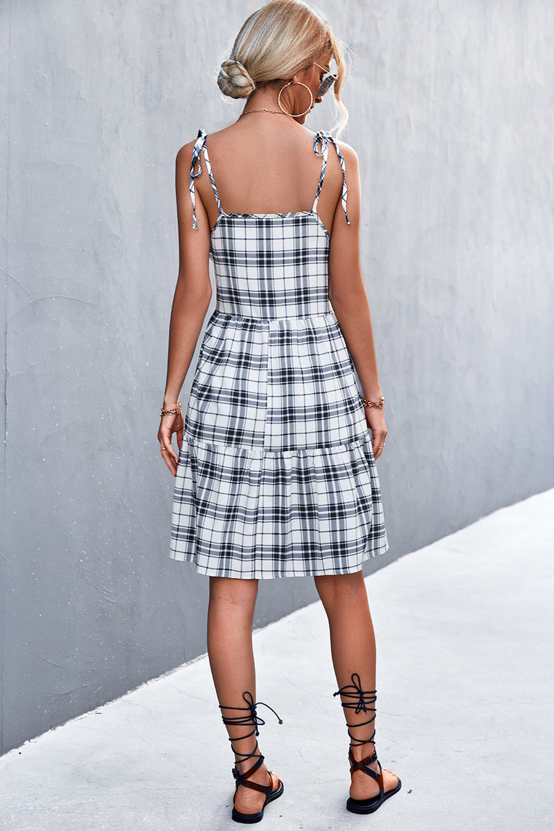 Jill Plaid Tie-Shoulder Tiered Dress