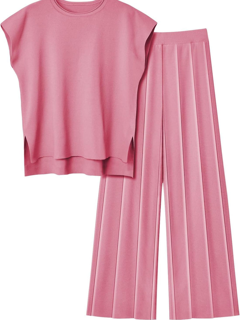 Lorena Round Neck Cap Sleeve Top and Pants Knit Set