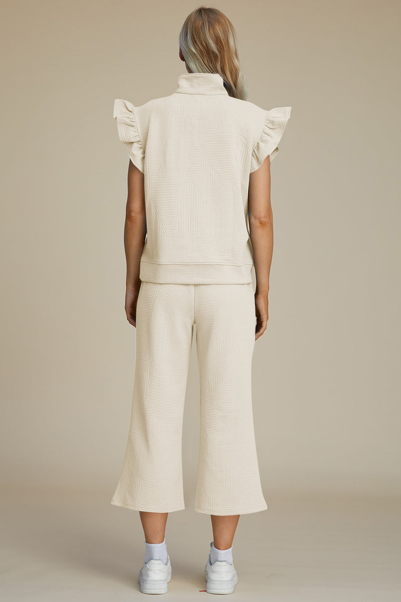 Caroline Full Size Texture Ruffle Short Sleeve Top and Wide Leg Pants Set