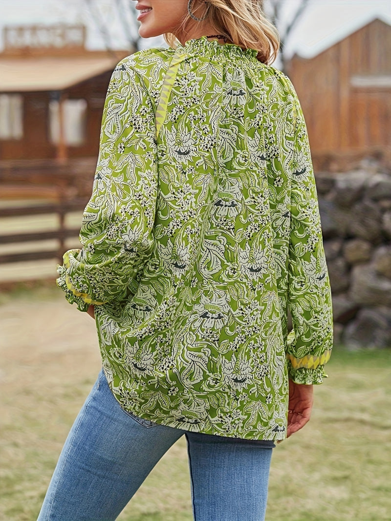 Quinlyn Full Size Printed Notched Long Sleeve Blouse