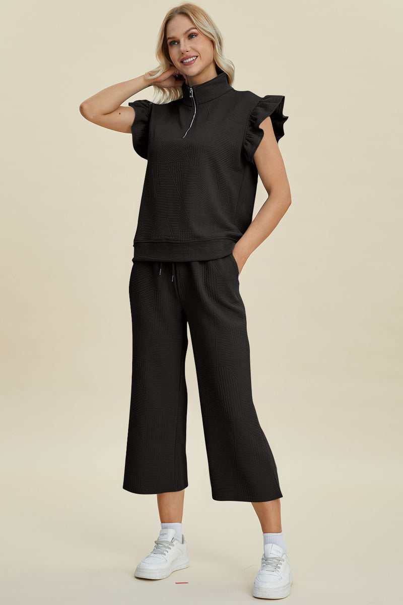 Caroline Full Size Texture Ruffle Short Sleeve Top and Wide Leg Pants Set