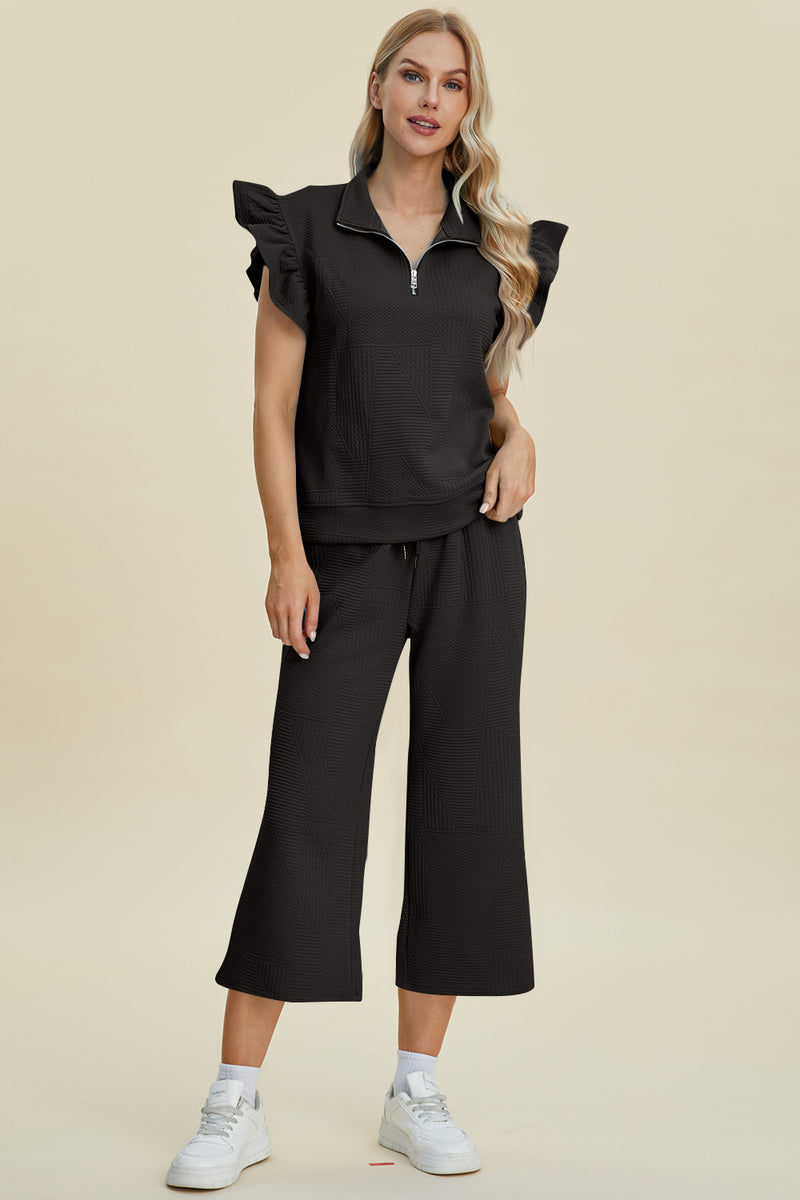 Caroline Full Size Texture Ruffle Short Sleeve Top and Wide Leg Pants Set