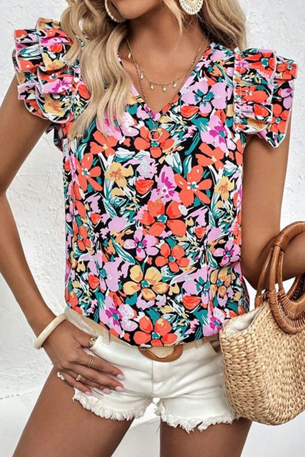 Cecile Ruffled Printed V-Neck Cap Sleeve Blouse