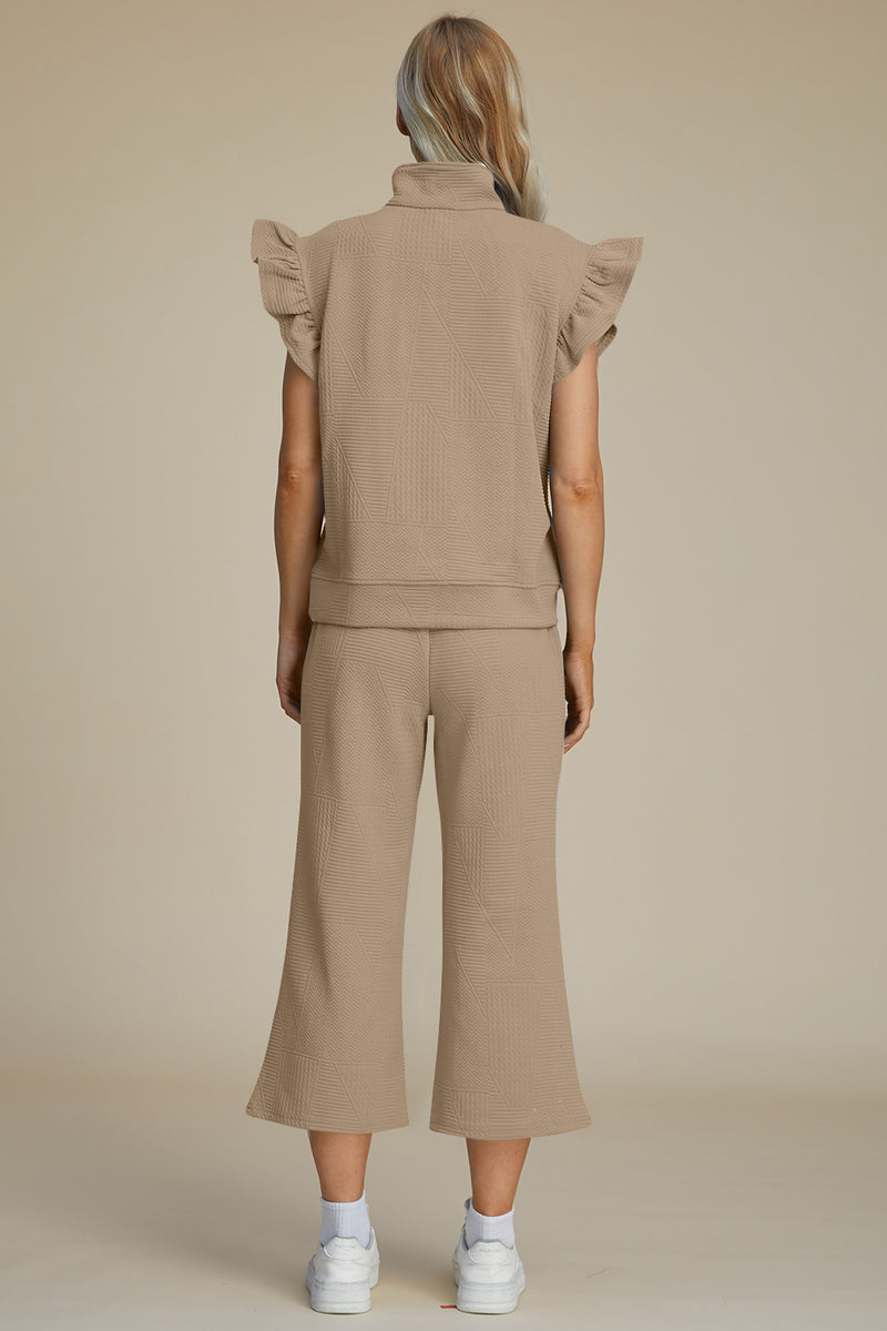 Caroline Full Size Texture Ruffle Short Sleeve Top and Wide Leg Pants Set