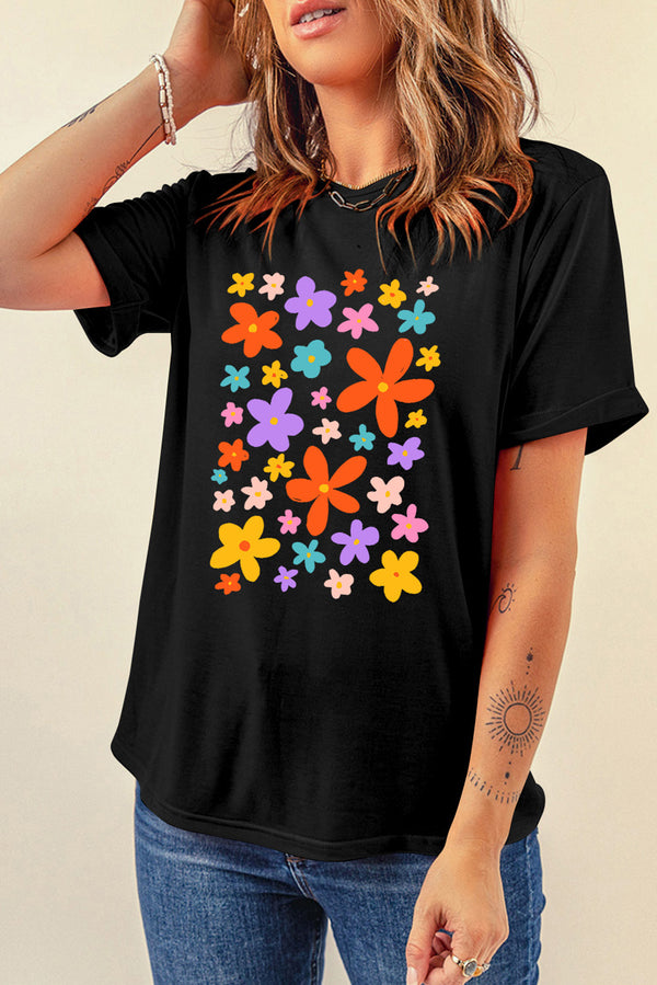 Flower Graphic Round Neck Short Sleeve T-Shirt