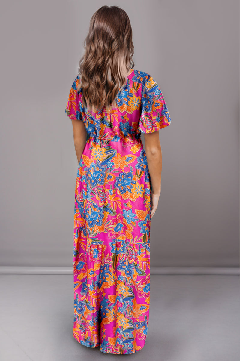 Winlyn Printed Surplice Short Sleeve Maxi Dress