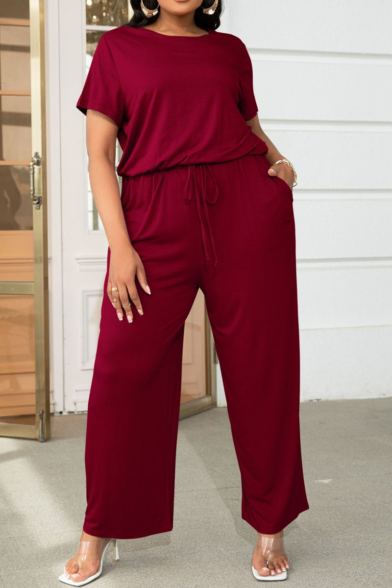 Lyrah Plus Size Drawstring Waist Short Sleeve Jumpsuit