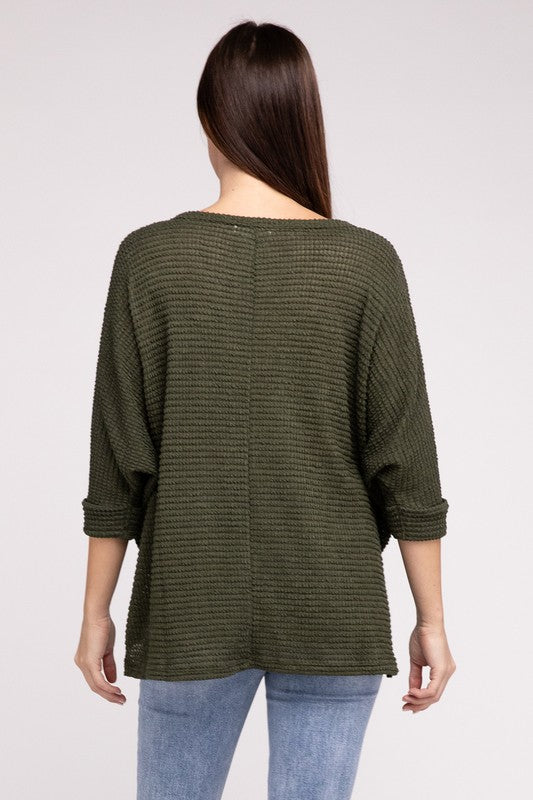 Wynette 3/4 Sleeve V-Neck Hi-Low Hem Jacquard Sweater