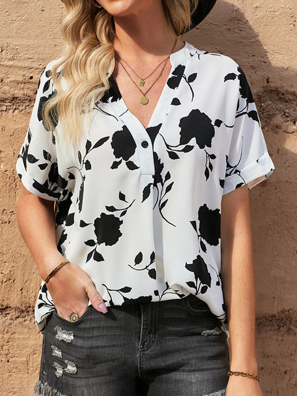 Mercy Full Size Printed Notched Short Sleeve Blouse