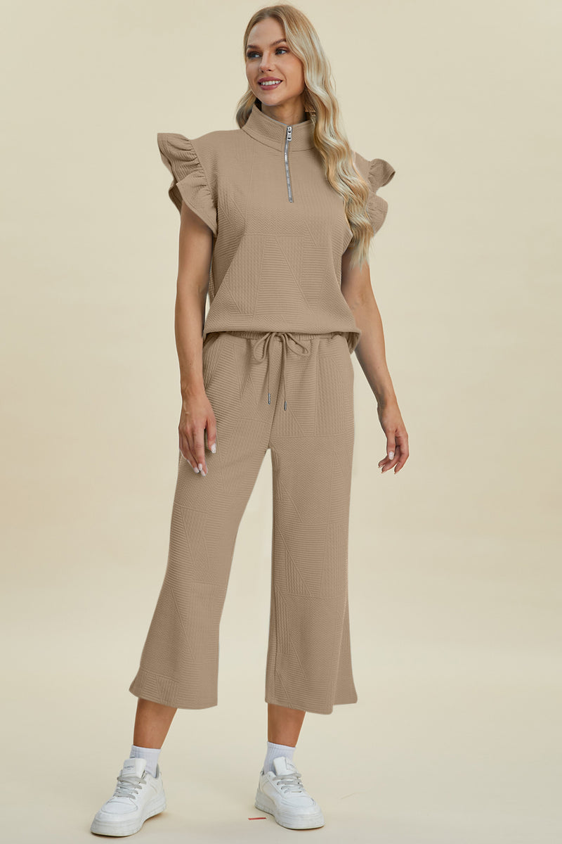 Caroline Full Size Texture Ruffle Short Sleeve Top and Wide Leg Pants Set