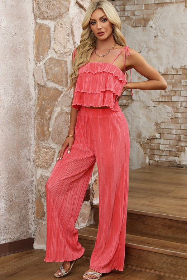 Deanna Layered Tie Shoulder Top and Wide Leg Pants Set