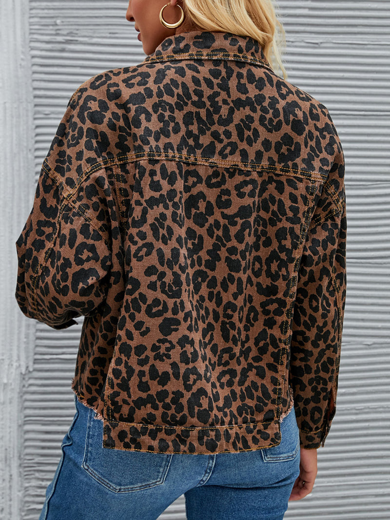 Marisol Leopard Button Up Dropped Shoulder Denim Jacket