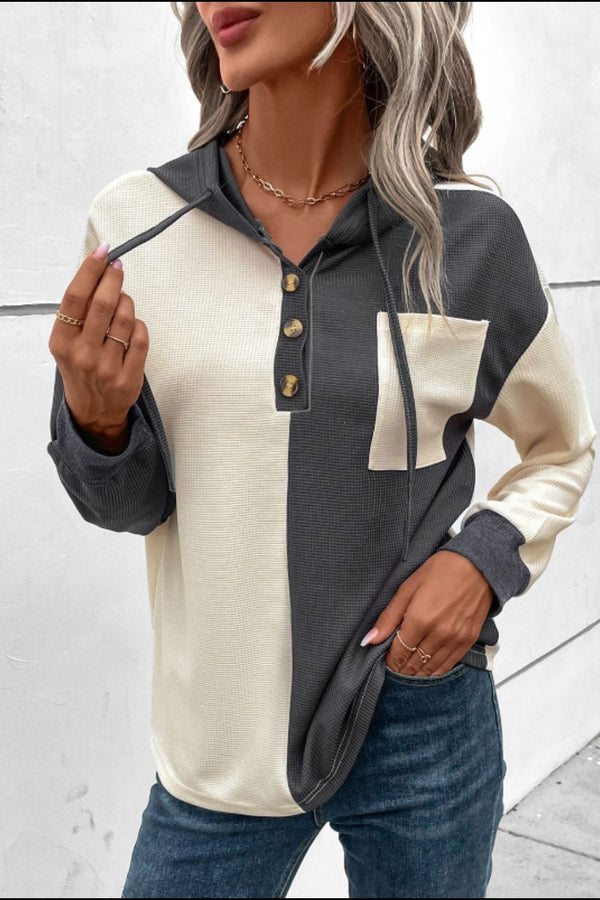 Rebecca Waffle-Knit Two-Tone Long Sleeve Hoodie