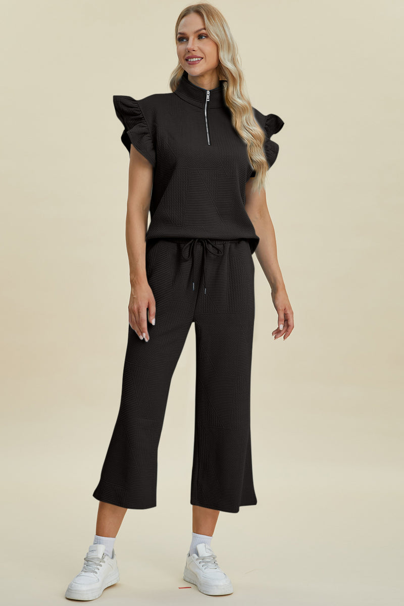Caroline Full Size Texture Ruffle Short Sleeve Top and Wide Leg Pants Set