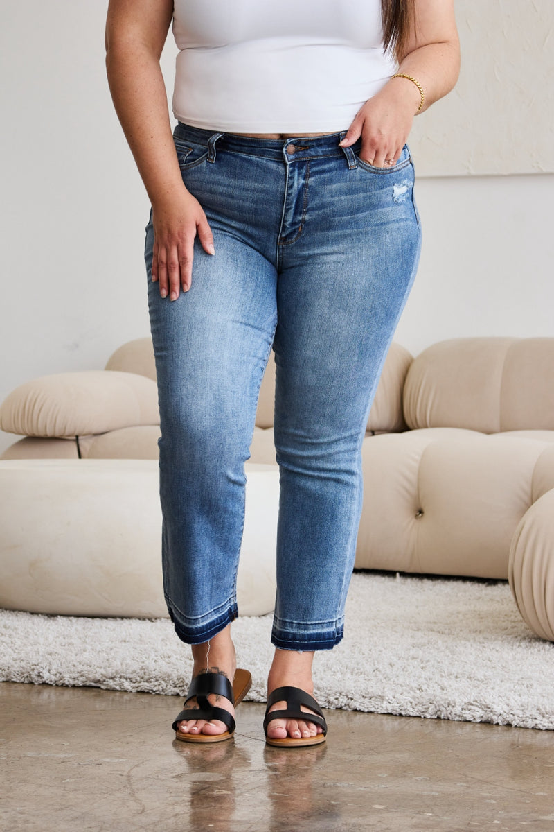 Pearl Judy Blue Full Size Release Hem Cropped Bootcut Jeans