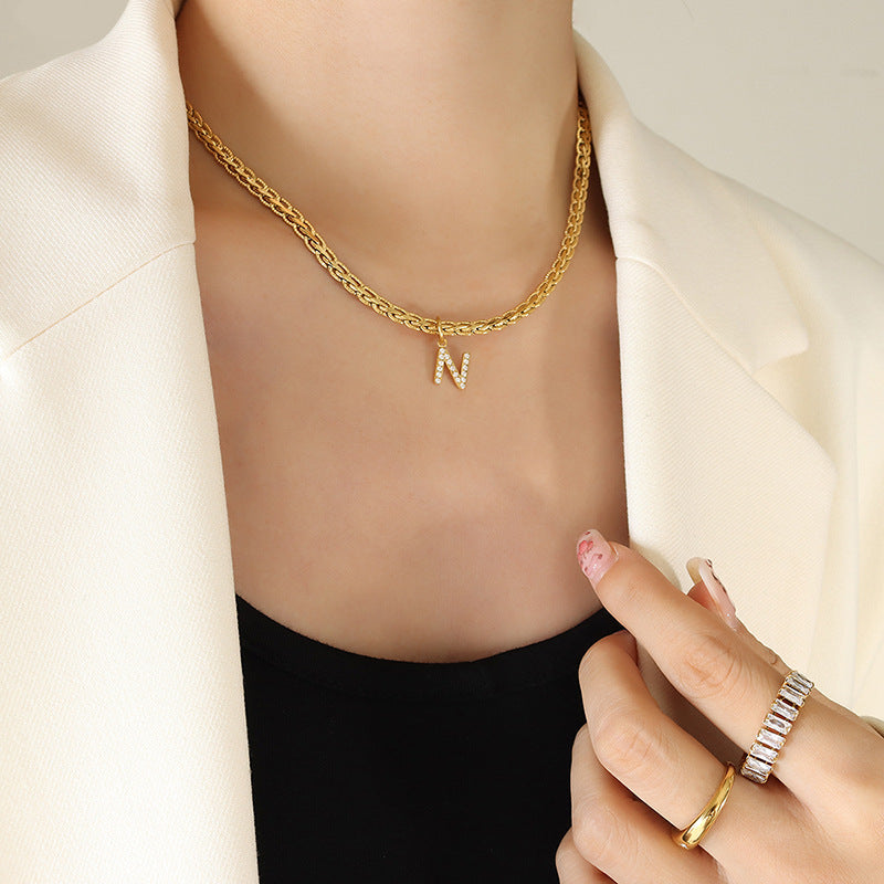 Salma Brass Inlaid Zircon Letter Pendant Necklace