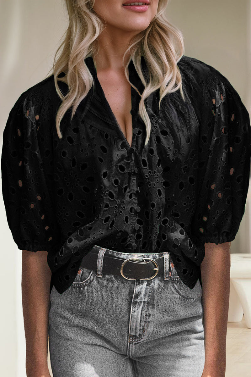 Valerie Eyelet Button Up Half Sleeve Blouse