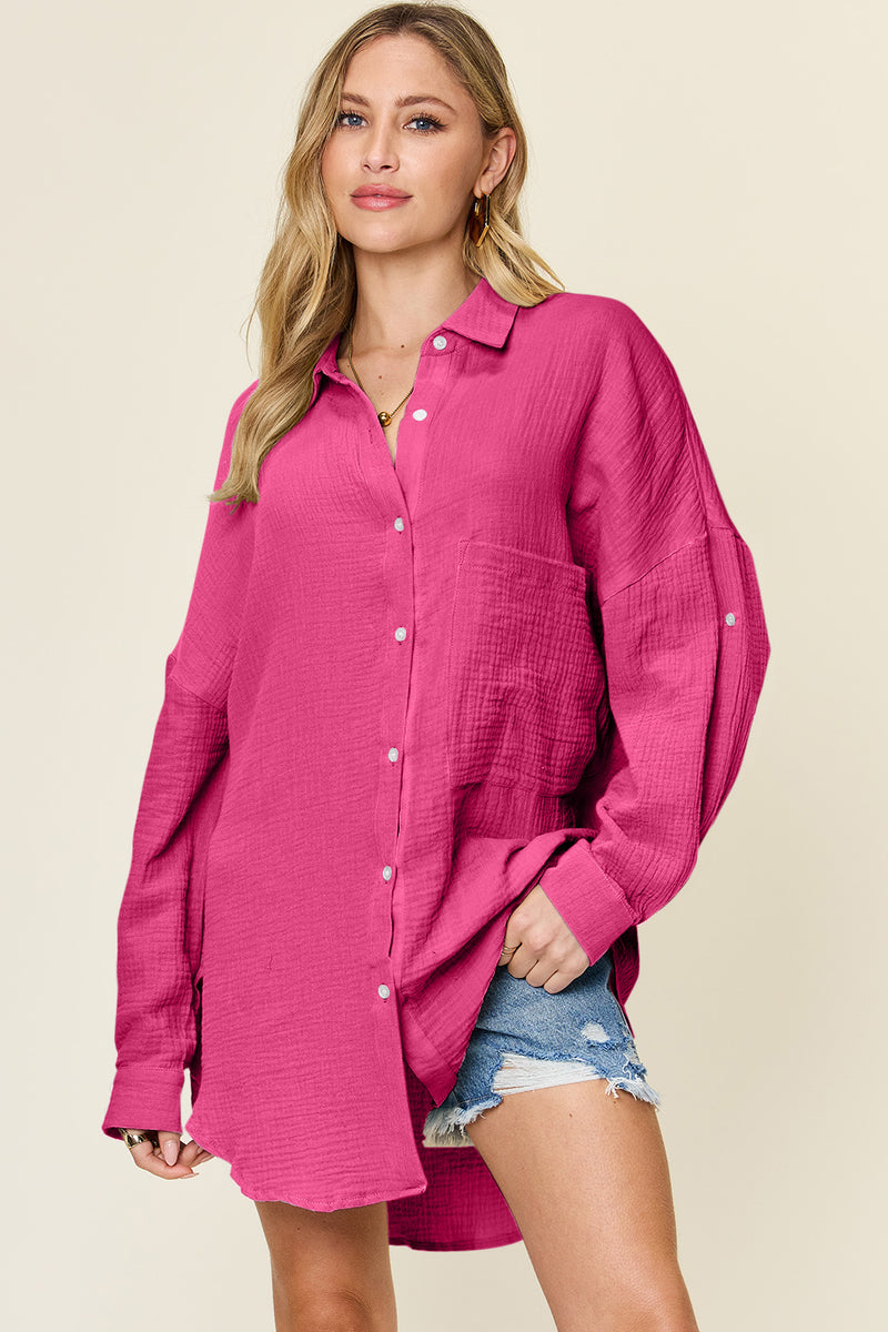 Cade Full Size Pocketed Texture Button Up Shirt