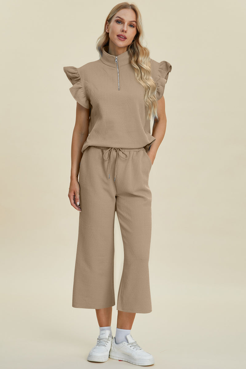 Caroline Full Size Texture Ruffle Short Sleeve Top and Wide Leg Pants Set