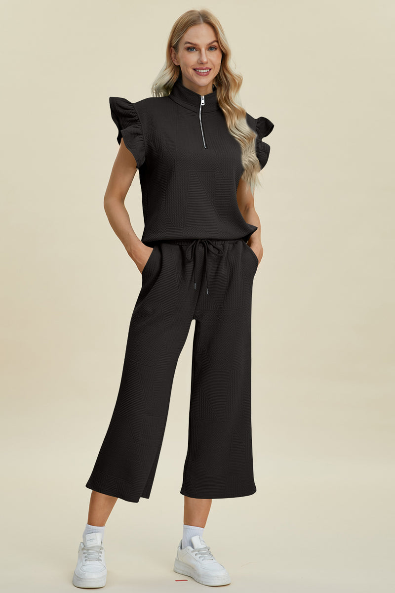 Caroline Full Size Texture Ruffle Short Sleeve Top and Wide Leg Pants Set