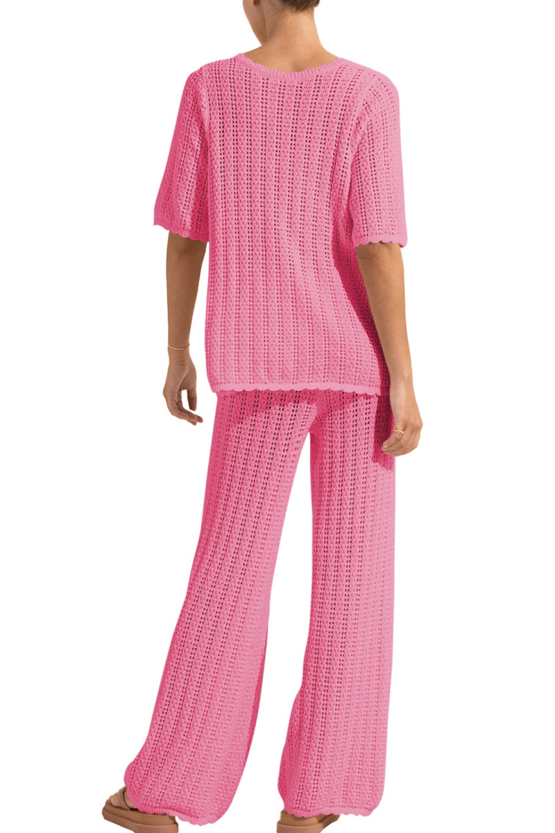 Cambrie V-Neck Short Sleeve Top and Pants Knit Set