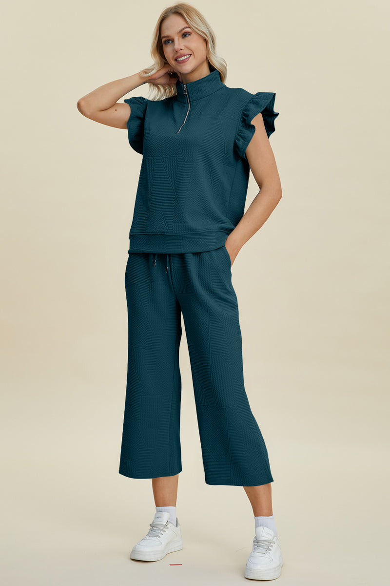 Caroline Full Size Texture Ruffle Short Sleeve Top and Wide Leg Pants Set
