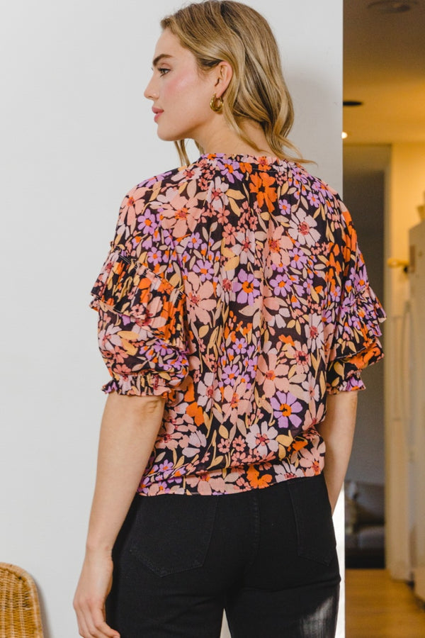Presley Full Size Floral Tie Neck Ruffled Blouse