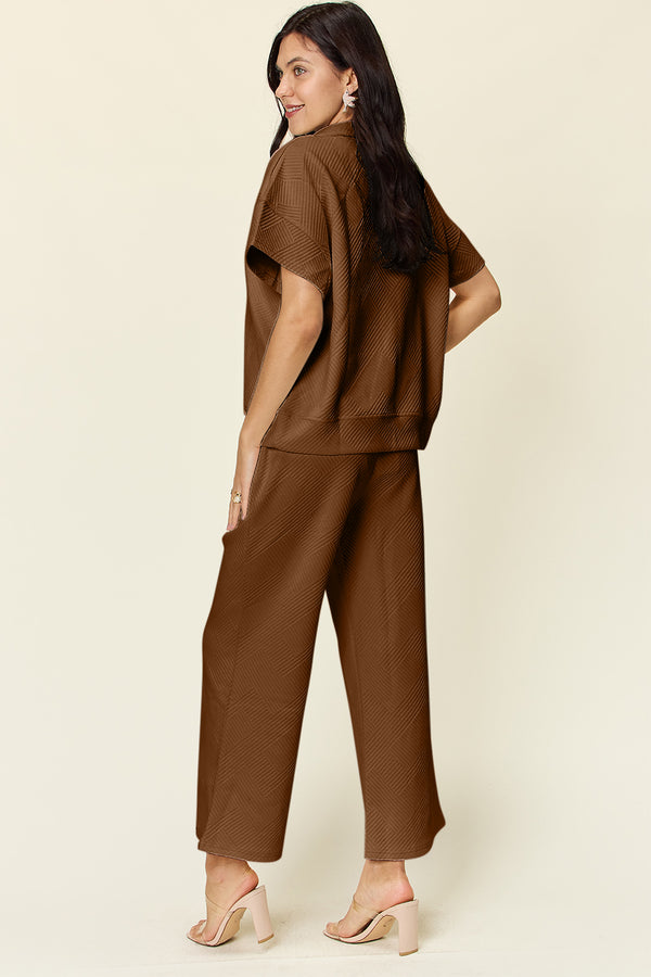 Sydney Double Take Full Size Texture Half Zip Short Sleeve Top and Pants Set