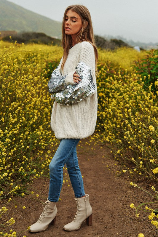 Whit Sequin Sleeve Sweater Knit Tunic Top