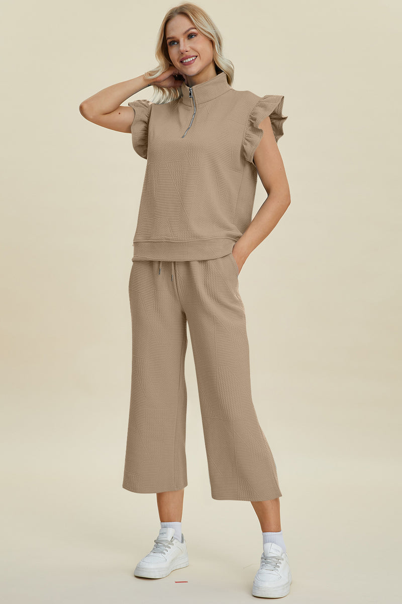 Caroline Full Size Texture Ruffle Short Sleeve Top and Wide Leg Pants Set