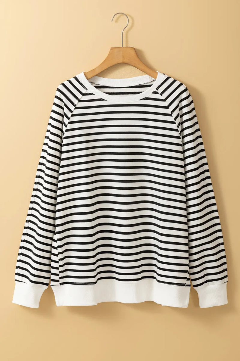 Tiyah Slit Striped Round Neck Long Sleeve Sweatshirt