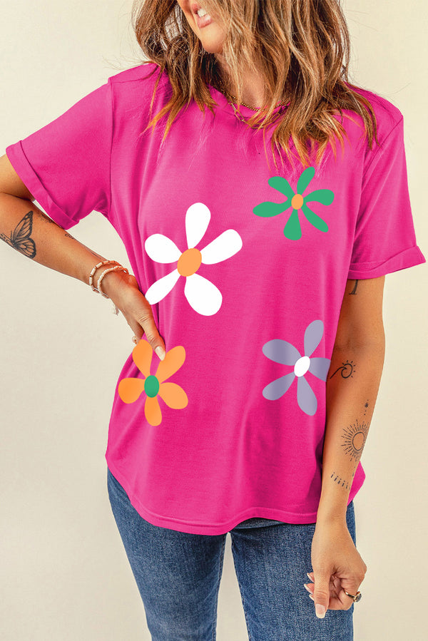 Cami Flower Round Neck Short Sleeve T-Shirt