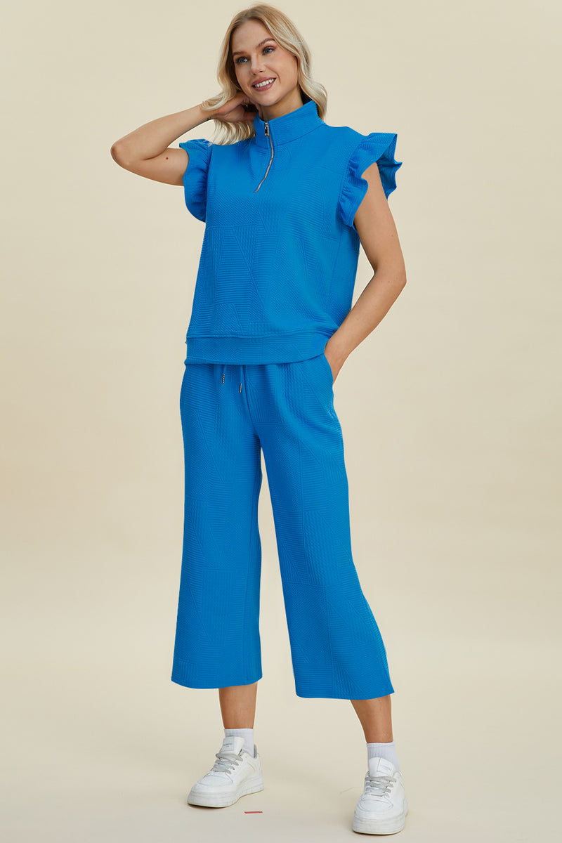 Caroline Full Size Texture Ruffle Short Sleeve Top and Wide Leg Pants Set