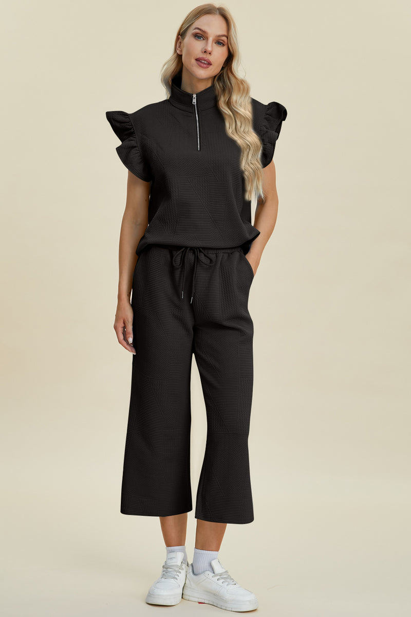 Caroline Full Size Texture Ruffle Short Sleeve Top and Wide Leg Pants Set