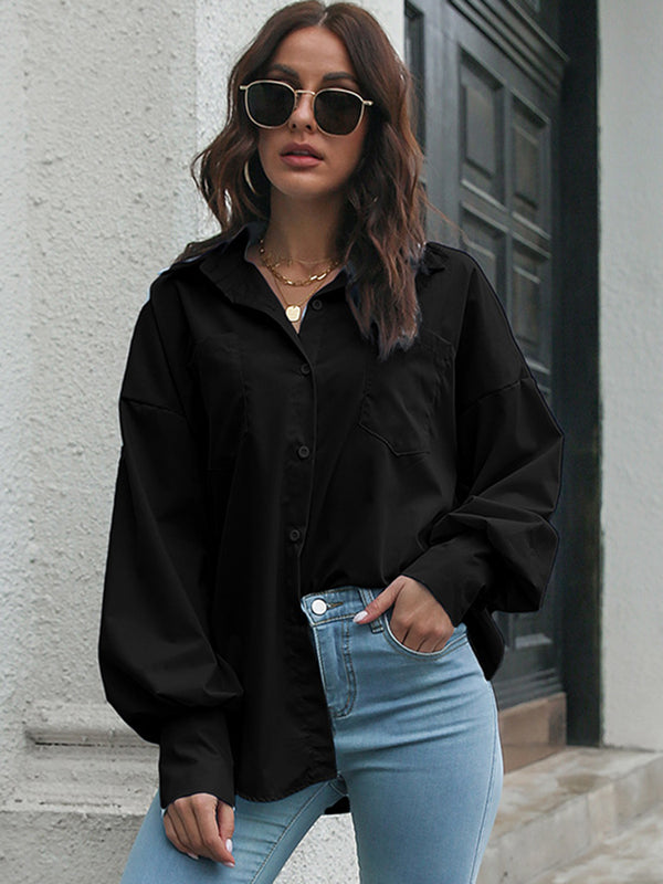 Caldon Button Up Dropped Shoulder Lantern Sleeve Shirt