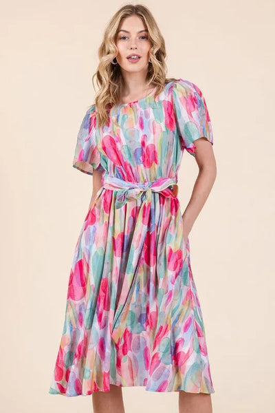 knee length dresses for ladies Thea Lime 'N' Chili Watercolor Print Tie Front Midi Dress – Royal + Reese